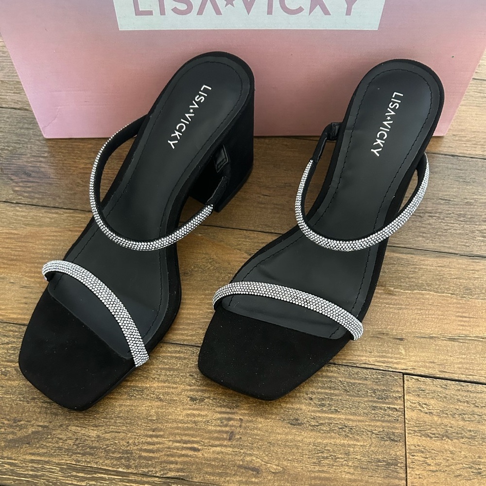 LISA VICKY Mood Pavé Block Heel Slide Black and Rhinestones Women's Sandals - Picture 6 of 16